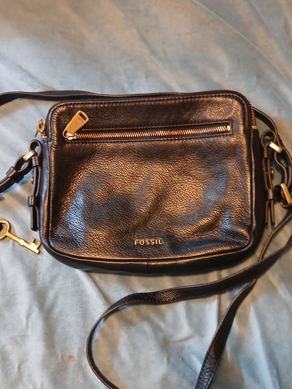 Fossil Black Pebbled Leather Crossbody with Gold Accents